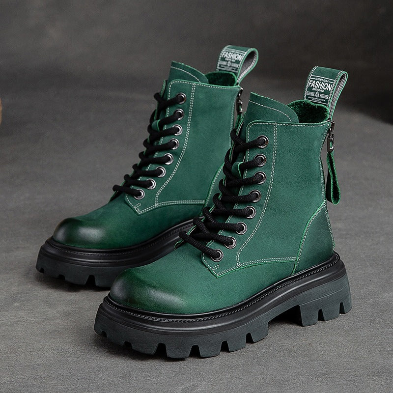 Women Fashion Solid Leather Motorcycle Riding Boots-RAIIFY