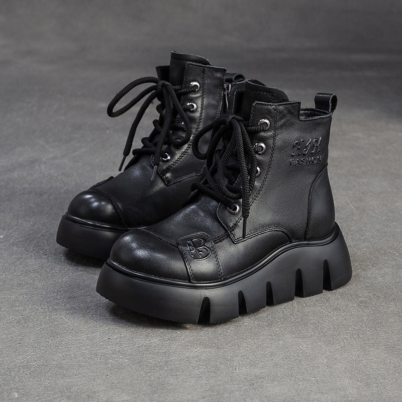 Women's Retro Plain leather Platform Furred Snow Boots-RAIIFY