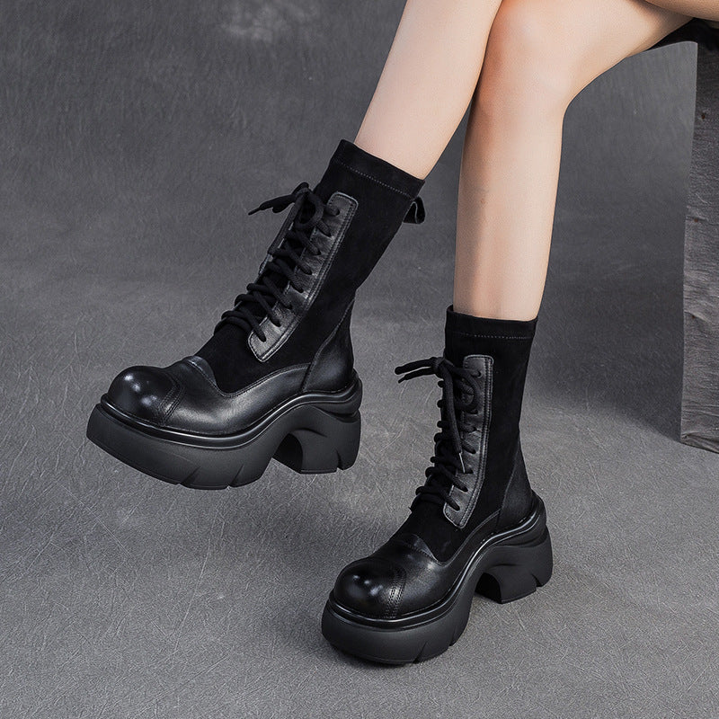 Women's Casual Leather Mid-Calf Platform Boots-RAIIFY