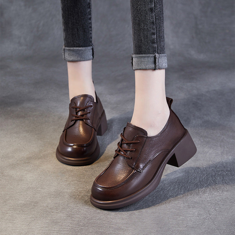 Women Classic Chunky Heel Work Leather Shoes-RAIIFY