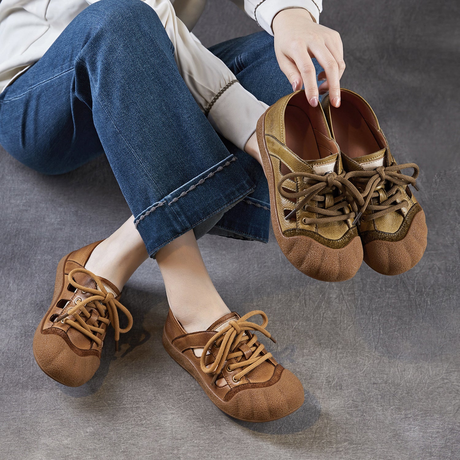 Women's Genuine Leather Retro Hollow-Out Lace-Up Casual Sandals-RAIIFY