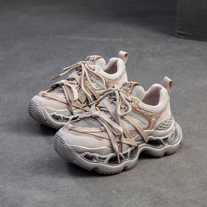 Women Rhinestone Breathable Mesh Platform Thick Sole Sneakers-RAIIFY