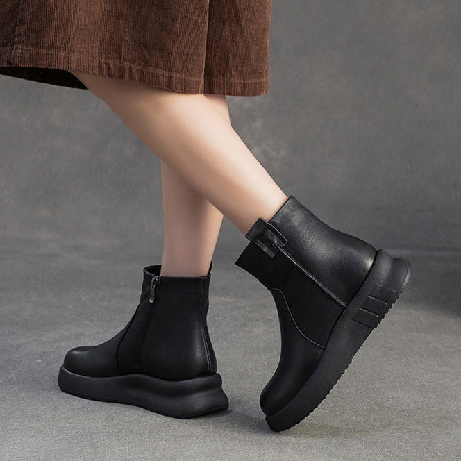 Women's Minimalist Plain Leather Furred Ankle Snow Boots-RAIIFY