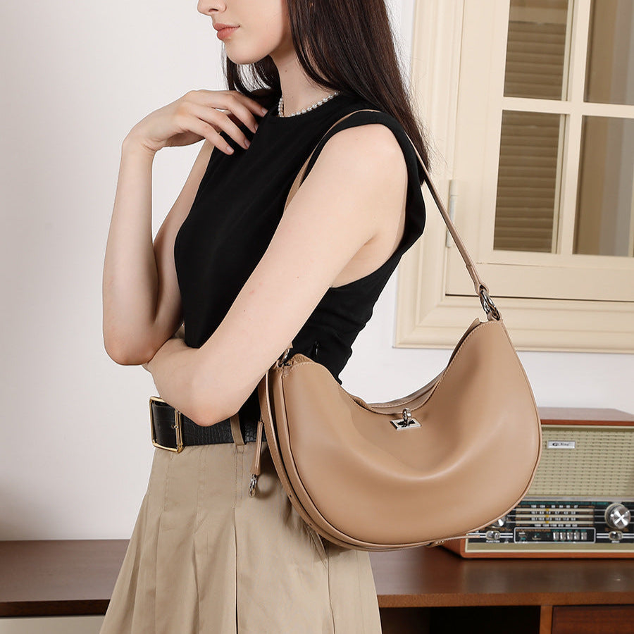 Women's Fashion Soft Plain Leather Crescent Shoulder Bag-RAIIFY