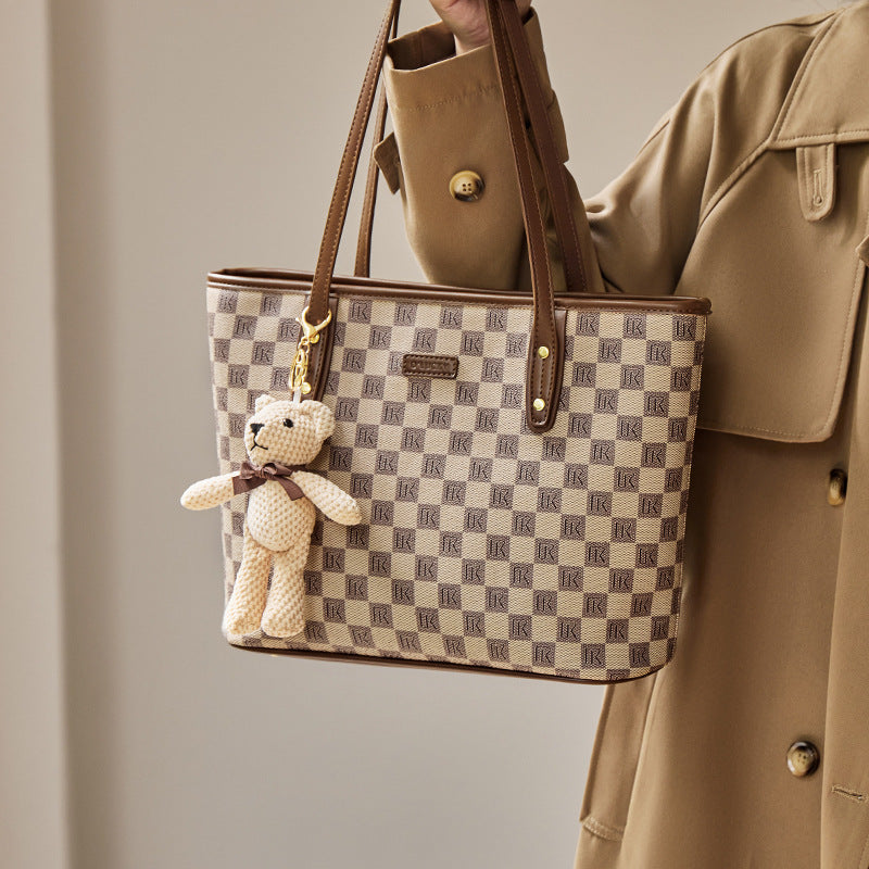 Women's Stylish Checkered Tote Bag with Bear Charm-RAIIFY