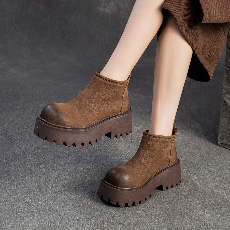 Women's Retro Plain Leather Chunky Platform Ankle Boots-RAIIFY