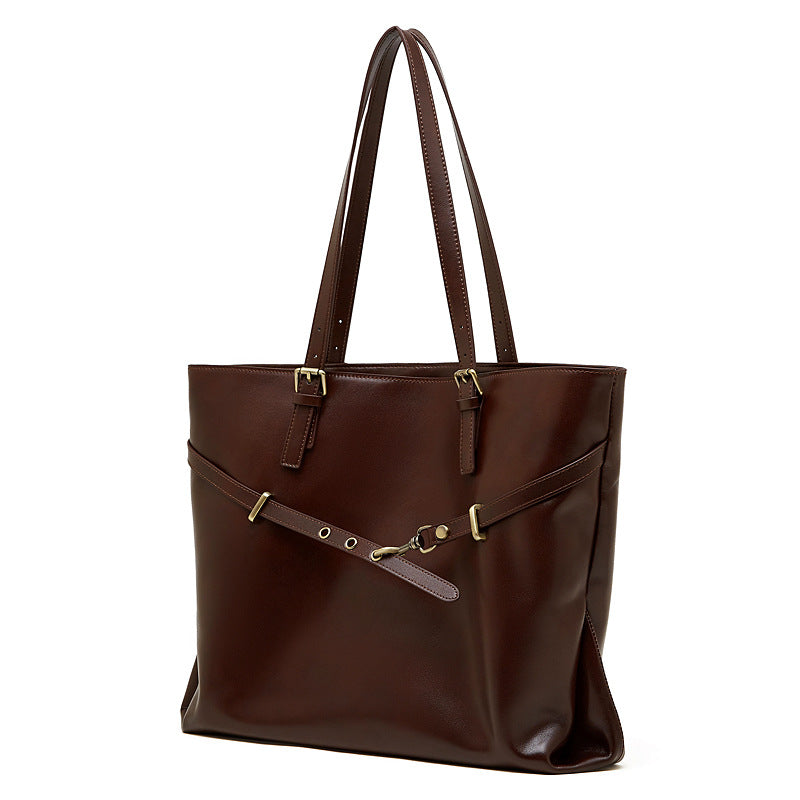 Women's Retro Plain Leather Shoulder Tote Bag-RAIIFY