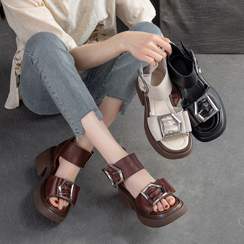 Women Summer Leather Elegant Chunky Heel Sandals-RAIIFY