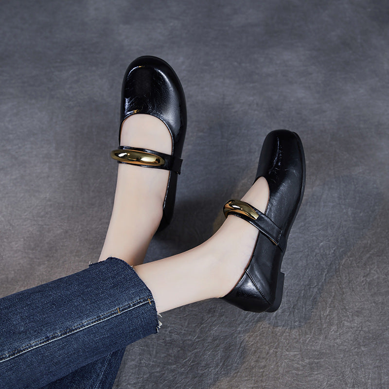 Women Plain Leather Flat Low Top Mary Jane Shoes-RAIIFY