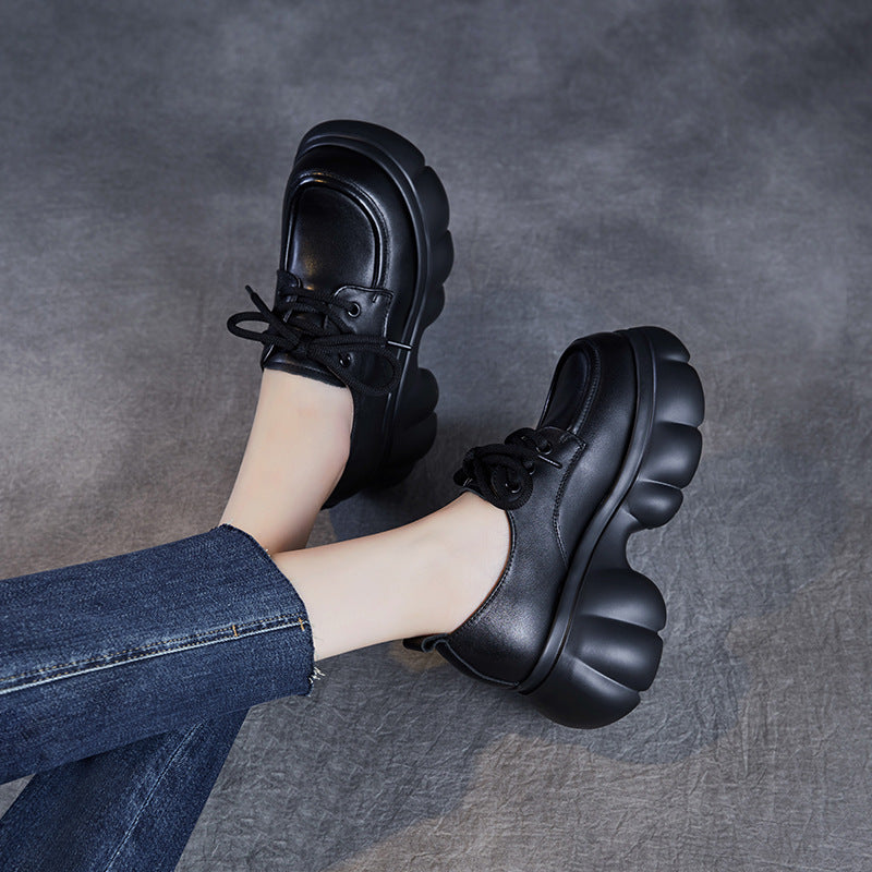 Women Plain Leather Minimalism Chuanky Platform Casual Shoes-RAIIFY