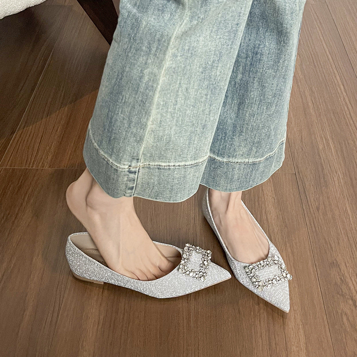 Women's Rhinestone Buckle Pointed-Toe Flats-RAIIFY