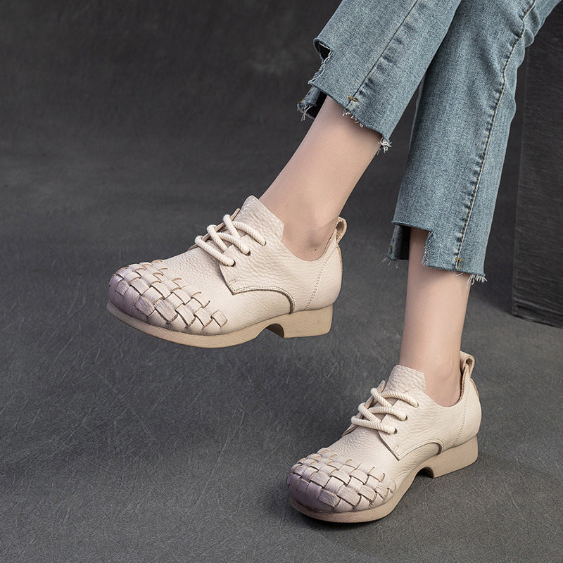 Women Retro Soft Plaited Cowhide Casual Shoes-RAIIFY