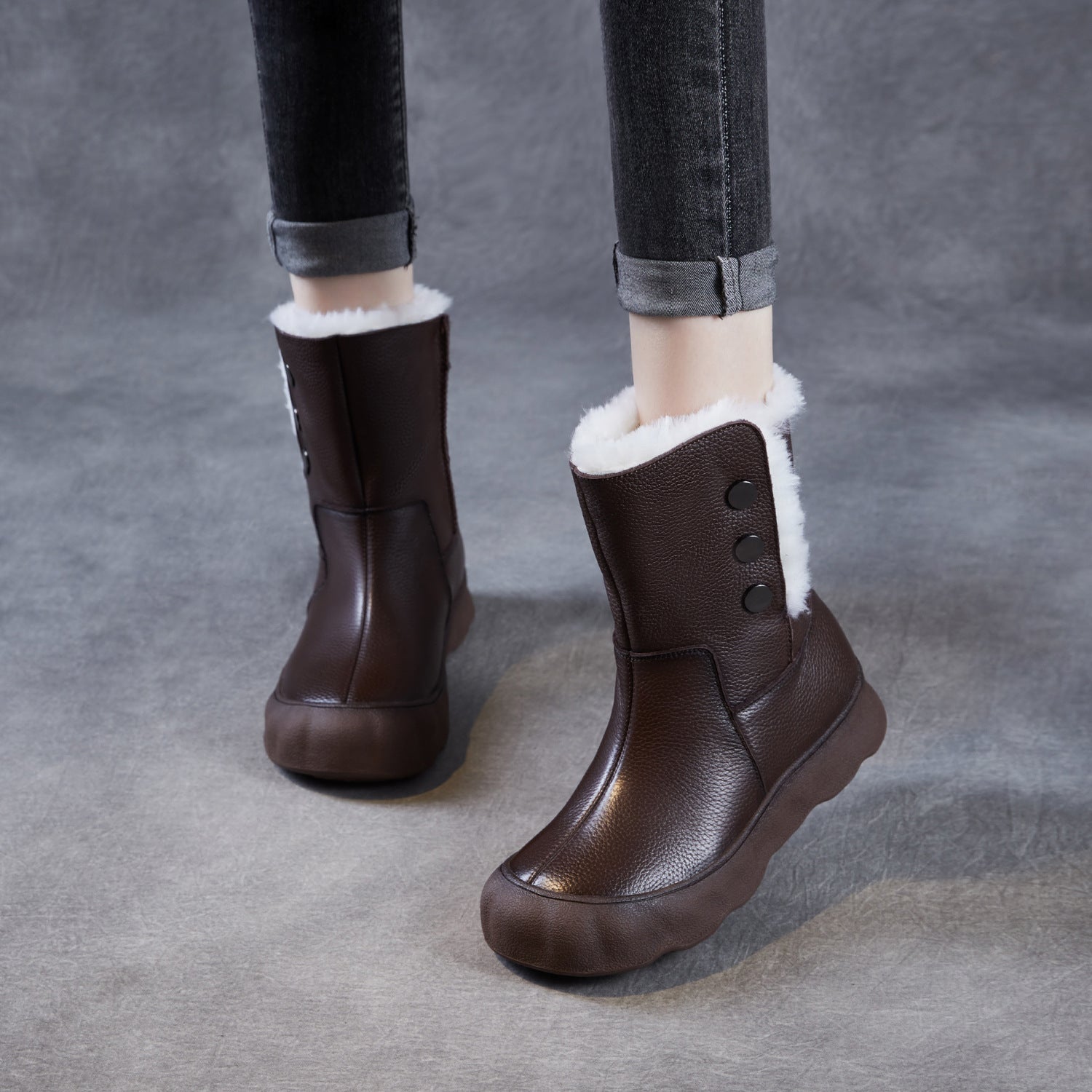 Women's Genuine Leather Woolen Mid-Calf Snow Boots-RAIIFY