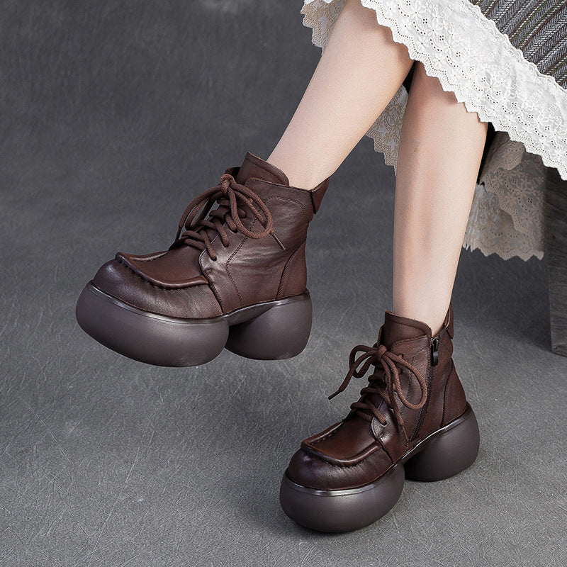 Women's Vintage Leather Chunky Platform Boots-RAIIFY