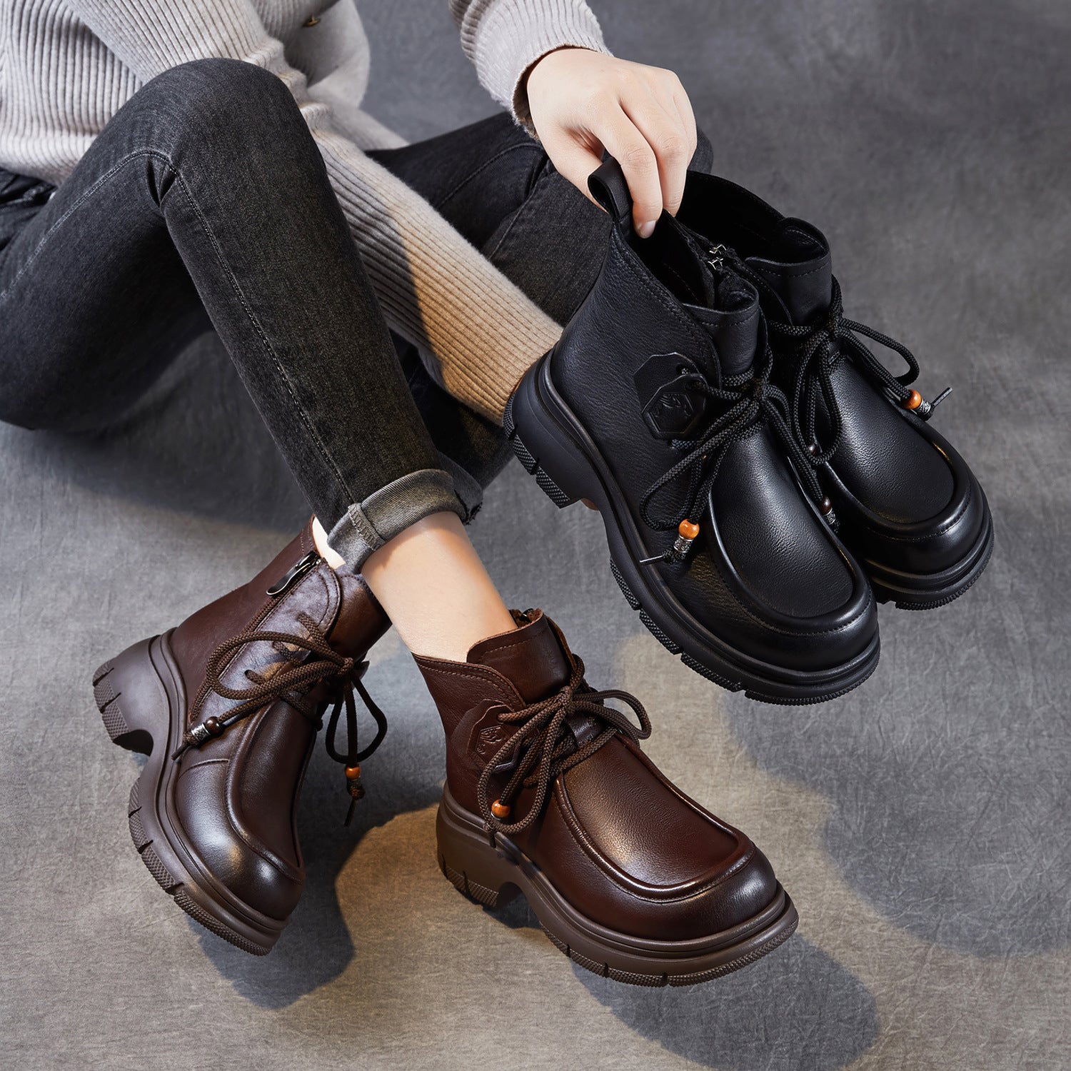 Women's Retro Leather Platform Casual Ankle Boots-RAIIFY