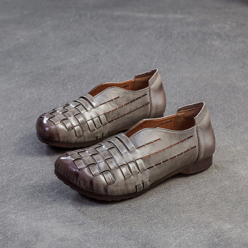 Women Vintage Handmade Plaited Leather Flat Casual Shoes-RAIIFY