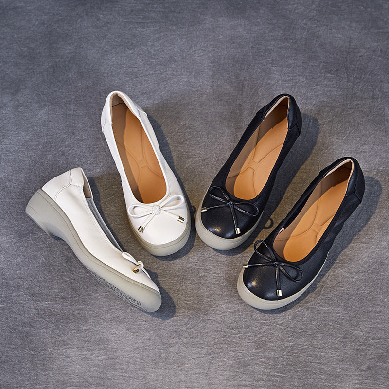 Women Solid Leather Low Wedge Bowknot Casual Shoes-RAIIFY