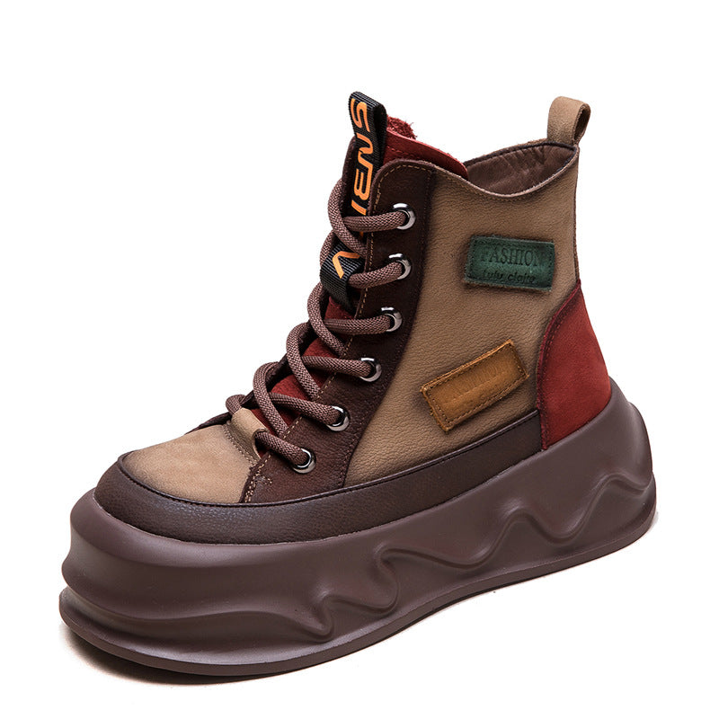 Women Retro Color Matching Leather Winter Platform Boots-RAIIFY