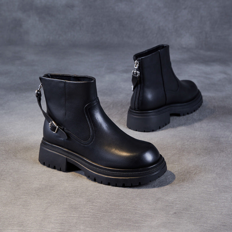 Women's Retro Plain Leather Furred Platform Ankle Boots-RAIIFY