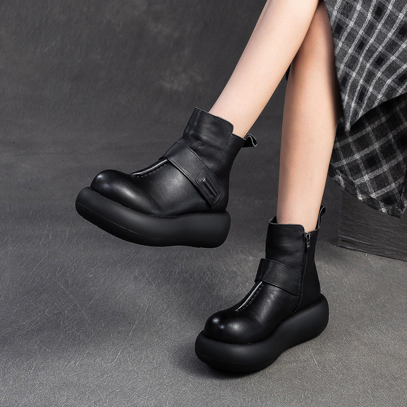 Women Vintage Solid Leather Casual Platform Boots-RAIIFY