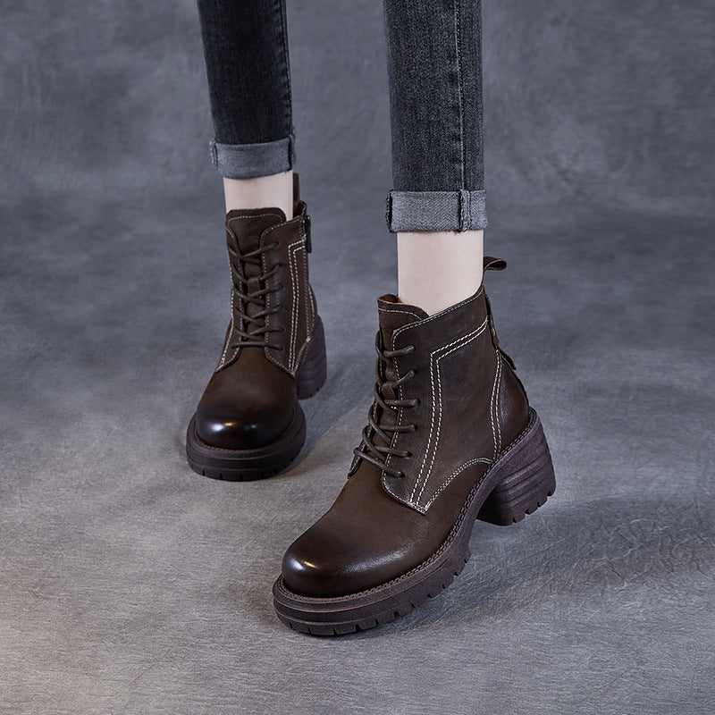 Women Vintage Quilted Leather Chunky Heel Ankle Boots-RAIIFY