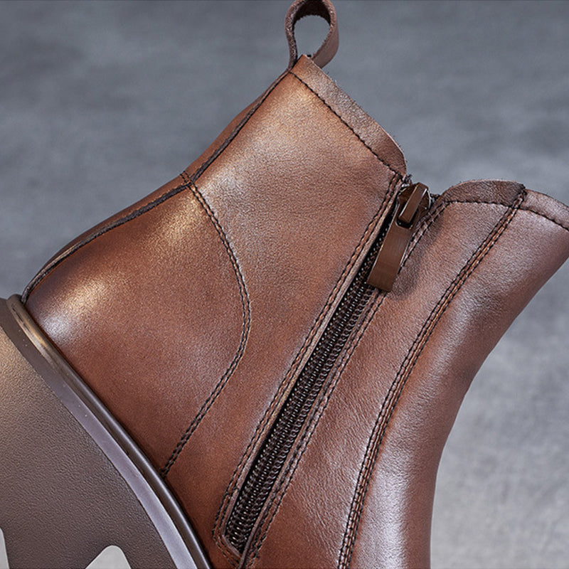 Women Retro Minimalist Leather Lug Soled Boots-RAIIFY