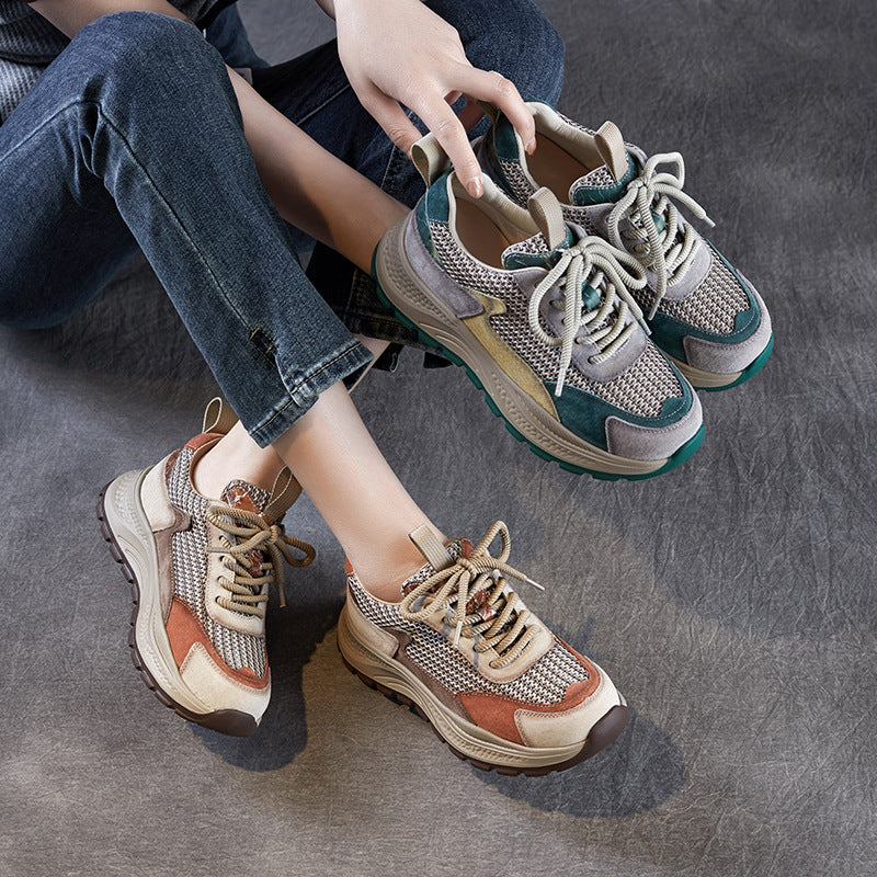 Women Fashion Breathable Mesh Leather Casual Sneakers-RAIIFY