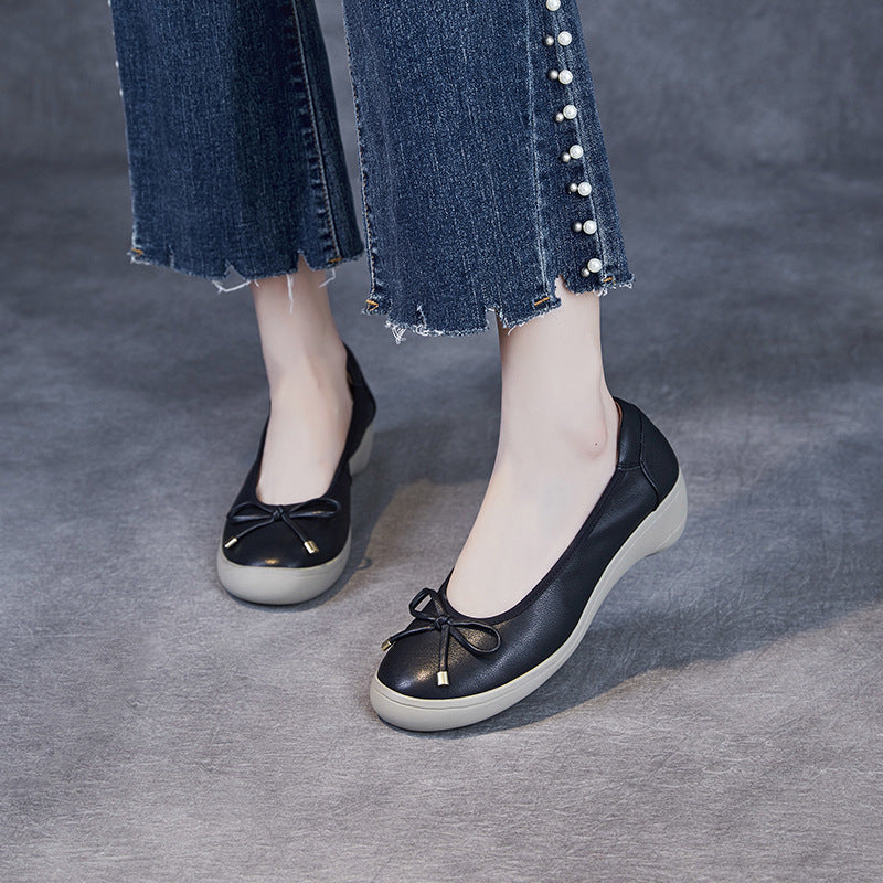 Women Solid Leather Low Wedge Bowknot Casual Shoes-RAIIFY