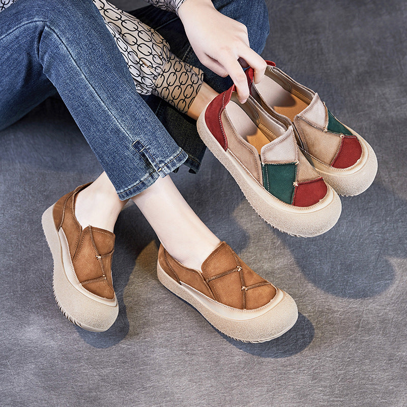Women Vintage Color Matching Patchwork Leather Casual Shoes-RAIIFY