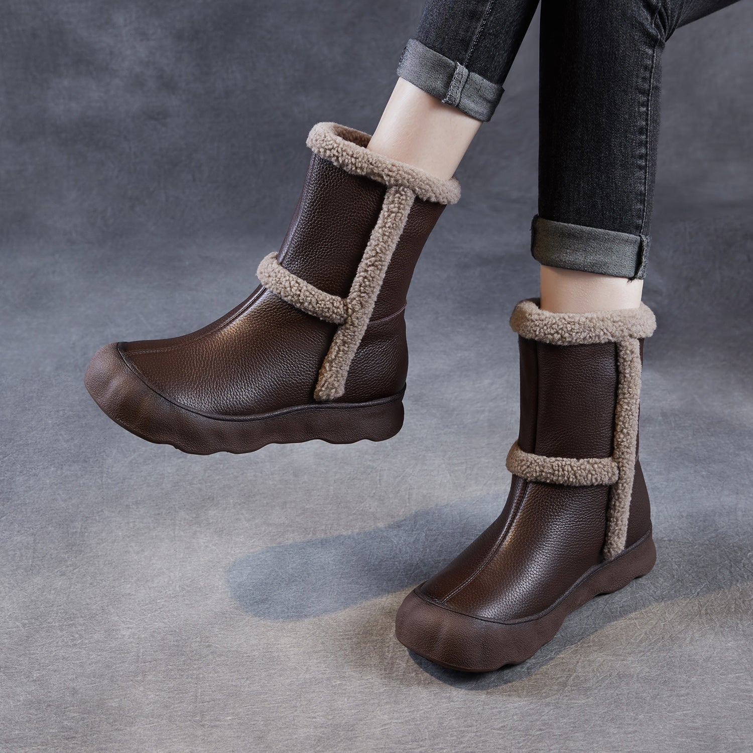 Women's Leather Comfort Slip-on Mid-Calf Snow Boots-RAIIFY