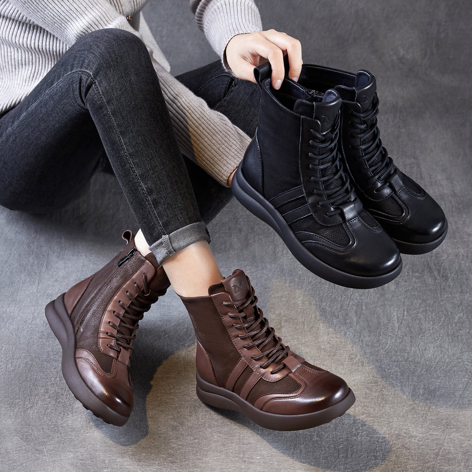 Women's Vintage Patchwork Leather Flat Casual Boots-RAIIFY