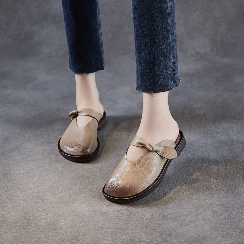 Women's Retro Plain Leather Soft Flat Mules-RAIIFY