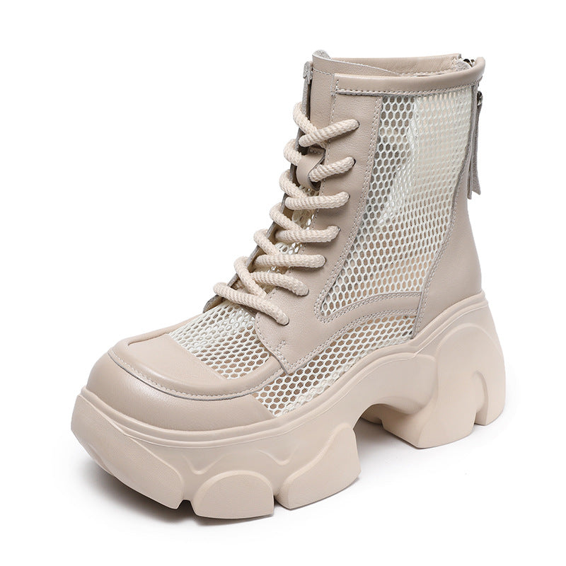Women Casual Plain Hollow Mesh Leather Platform Boots-RAIIFY