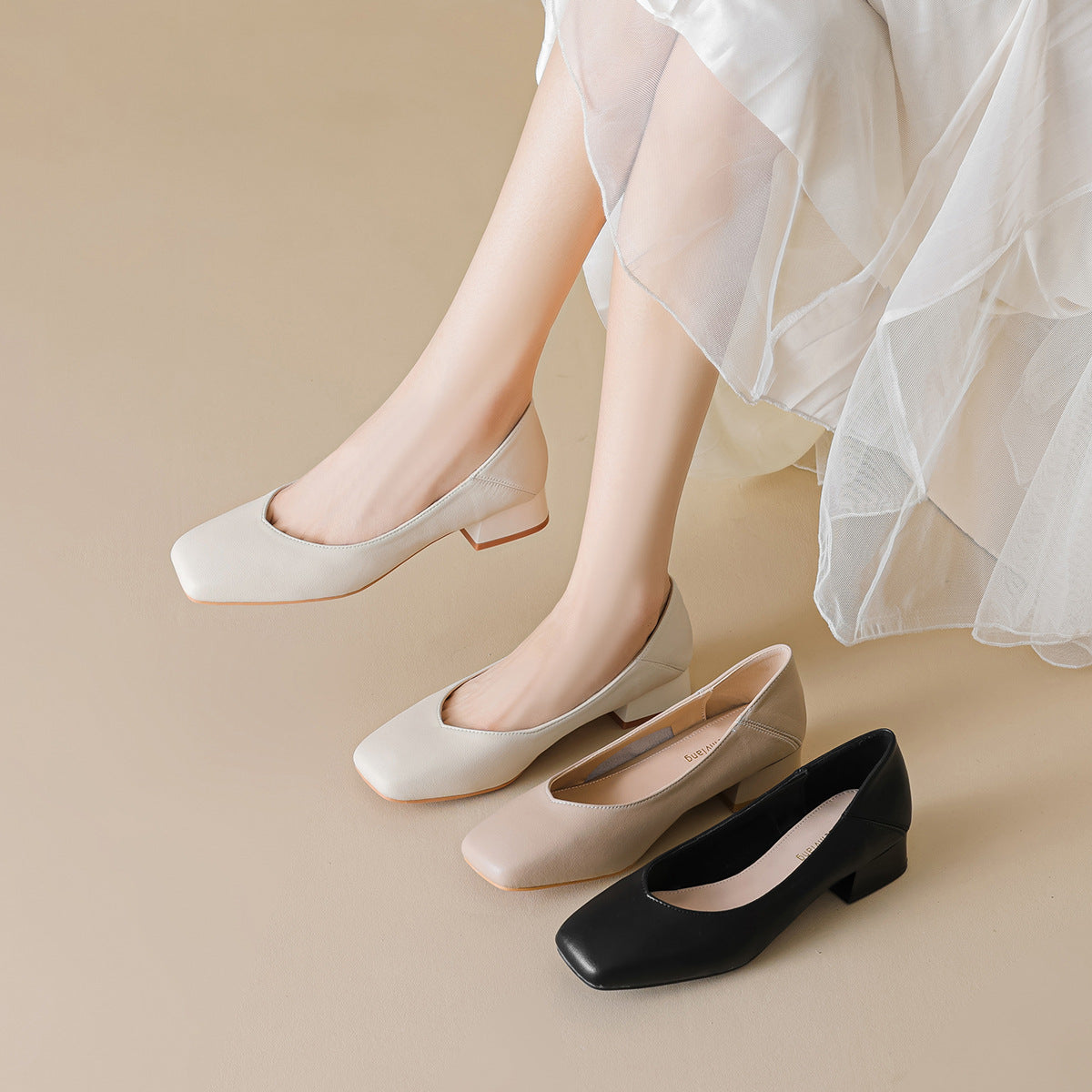 Women's Minimalist Plain Leather Chunky Heel Pumps-RAIIFY