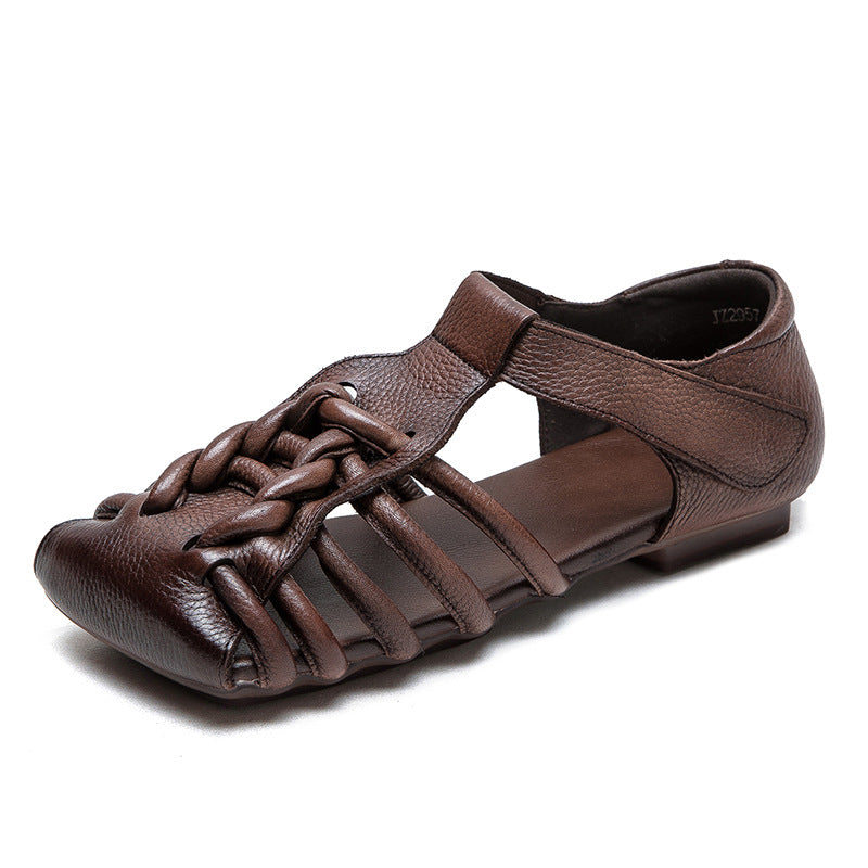 Women Retro Plaited Leather Flat Casual Sandals-RAIIFY