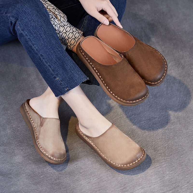 Women Retro Solid Leather Casual Mules-RAIIFY
