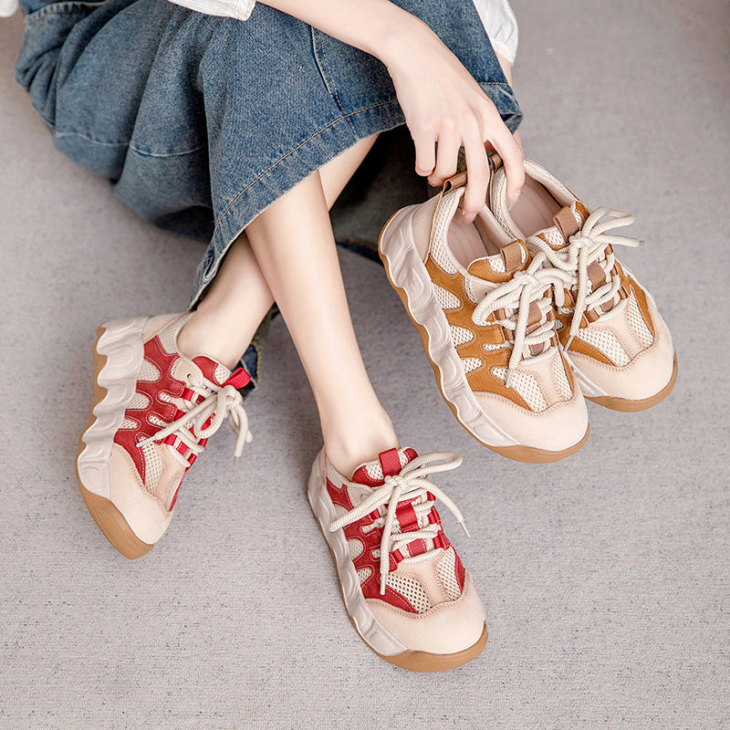 Women Color Matching Leather Mesh Platform Casual Shoes-RAIIFY