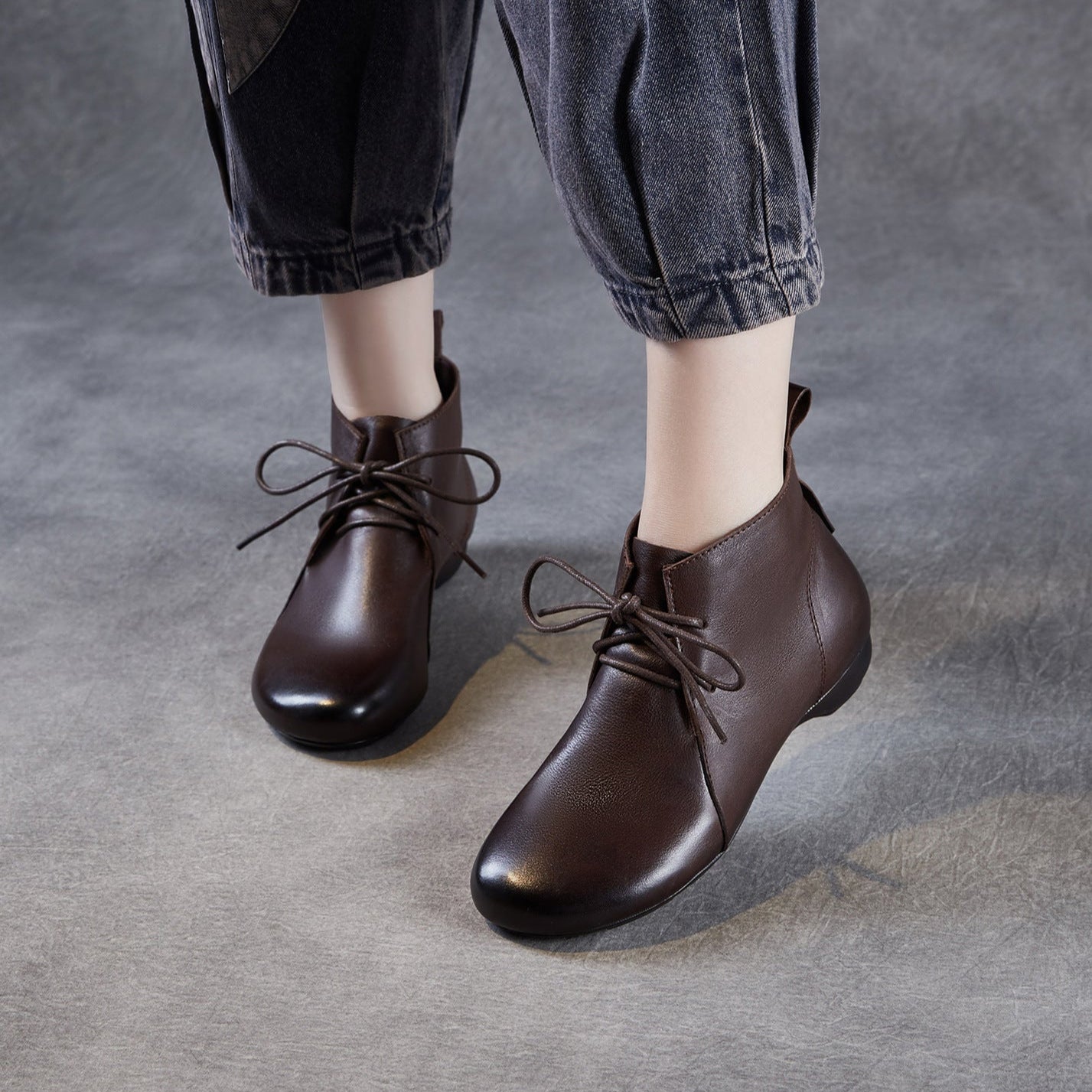 Women's Plain Leather Lace-up Casual Ankle Boots-RAIIFY