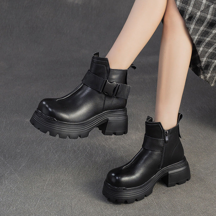 Women's Minimalist Plain Leather Buckle Furred Snow Boots-RAIIFY