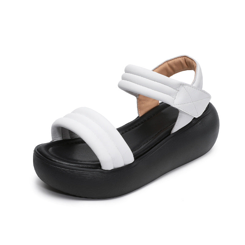 Women Minimalism Plain Leather Velcro Platform Sandals-RAIIFY