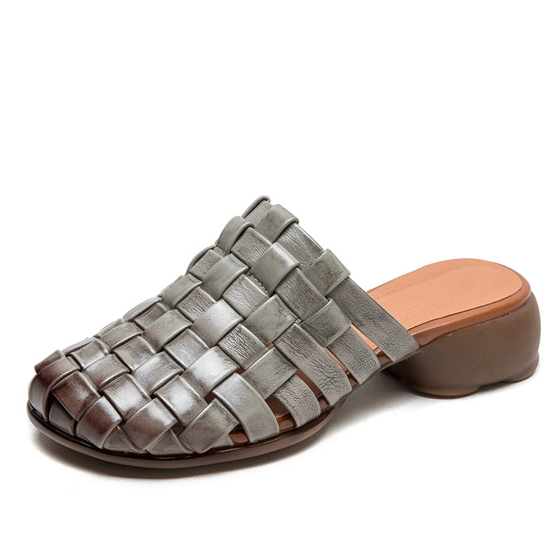 Women Handmade Plaited Leather Low Block Slides Sandals-RAIIFY
