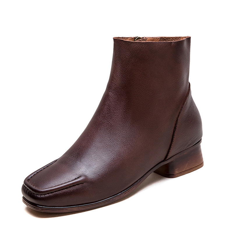 Women's Retro Soft Leather Comfort Low Block Ankle Boots-RAIIFY