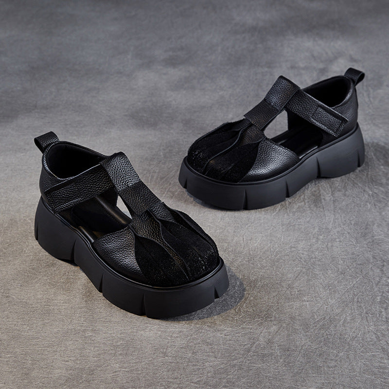 Women Retro Plain Leather Platform Velcro Tape Sandals-RAIIFY