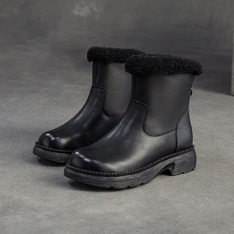 Women's Plain Leather Furred Snow Boots-RAIIFY