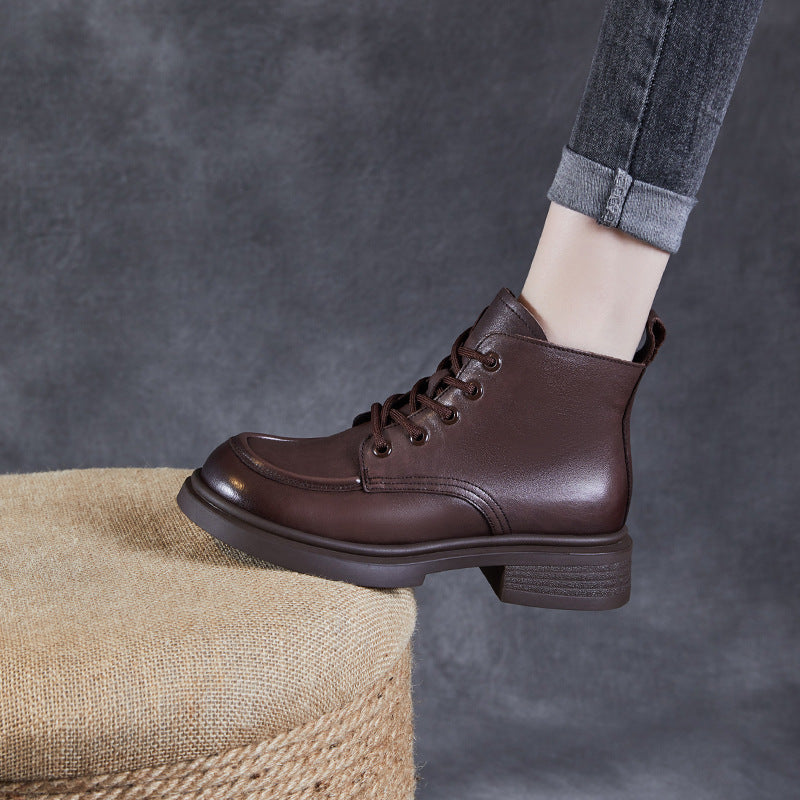 Women Vintage Solid Leather Ankle Boots-RAIIFY