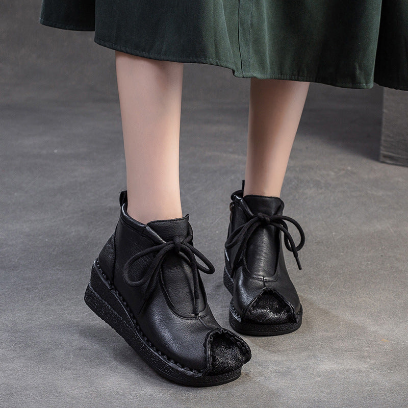 Women Retro Solid Leather Wedge Soft Ankle Boots-RAIIFY