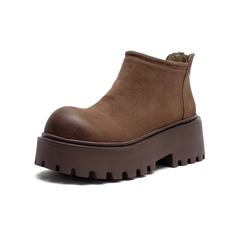 Women's Retro Plain Leather Chunky Platform Ankle Boots-RAIIFY