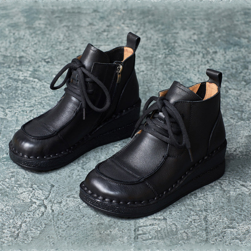 Women Retro Handmade Leather Wedge Ankle Boots-RAIIFY