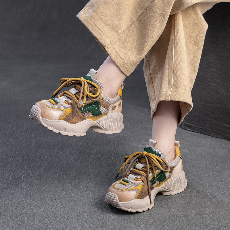Women Retro Patchwork Leather Thick Soled Casual Sneakers-RAIIFY