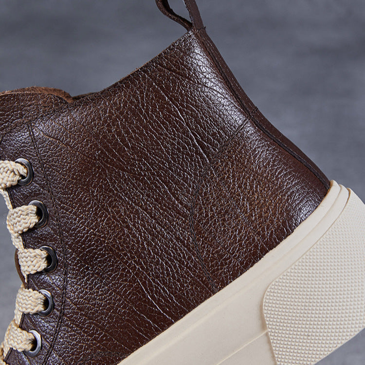 Women's Casual Plain Leather Flat Ankle Boots-RAIIFY